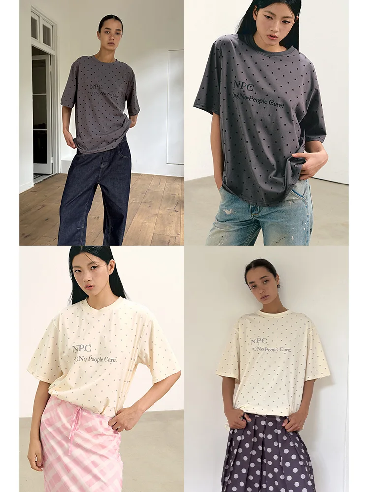 

Винтажная повседневная свободная футболка с буквенным принтом для женщин, топ с коротким рукавом, стройнящий, в горошек, для повседневной носки, из чесаного хлопка