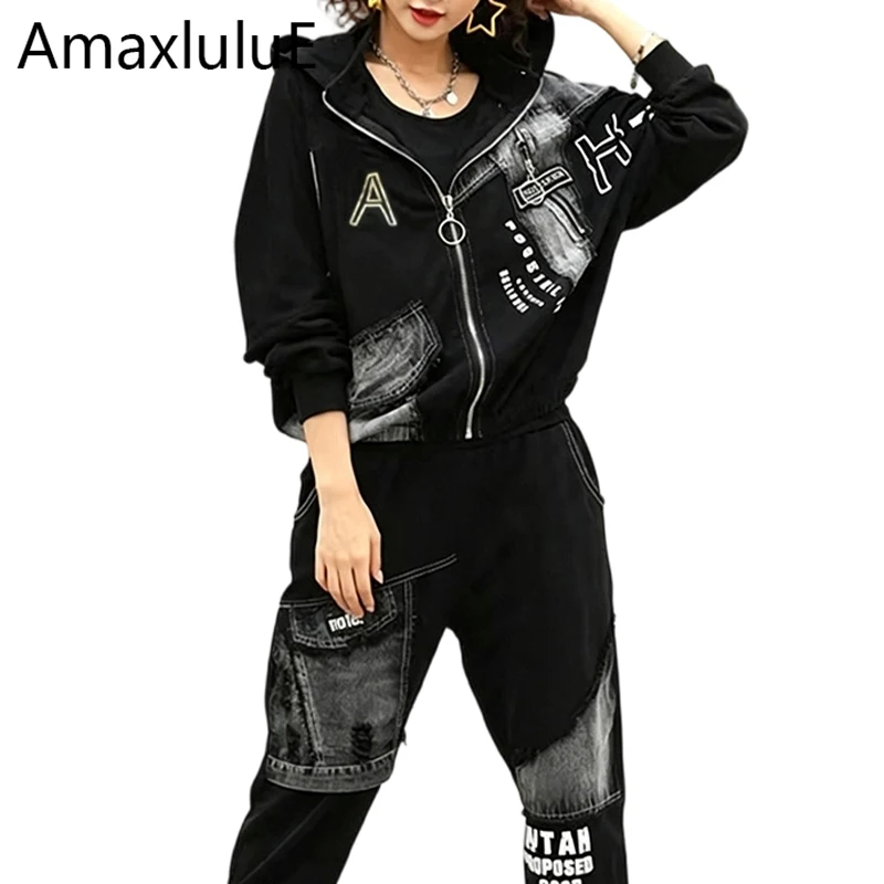 Amax luluE Frühlings-Punk-Outfits, modische Damen-2-teilige Sets, lockere Freizeit-Kapuzenjacken, klassische Hosen, übergroße Fitness-Anzüge