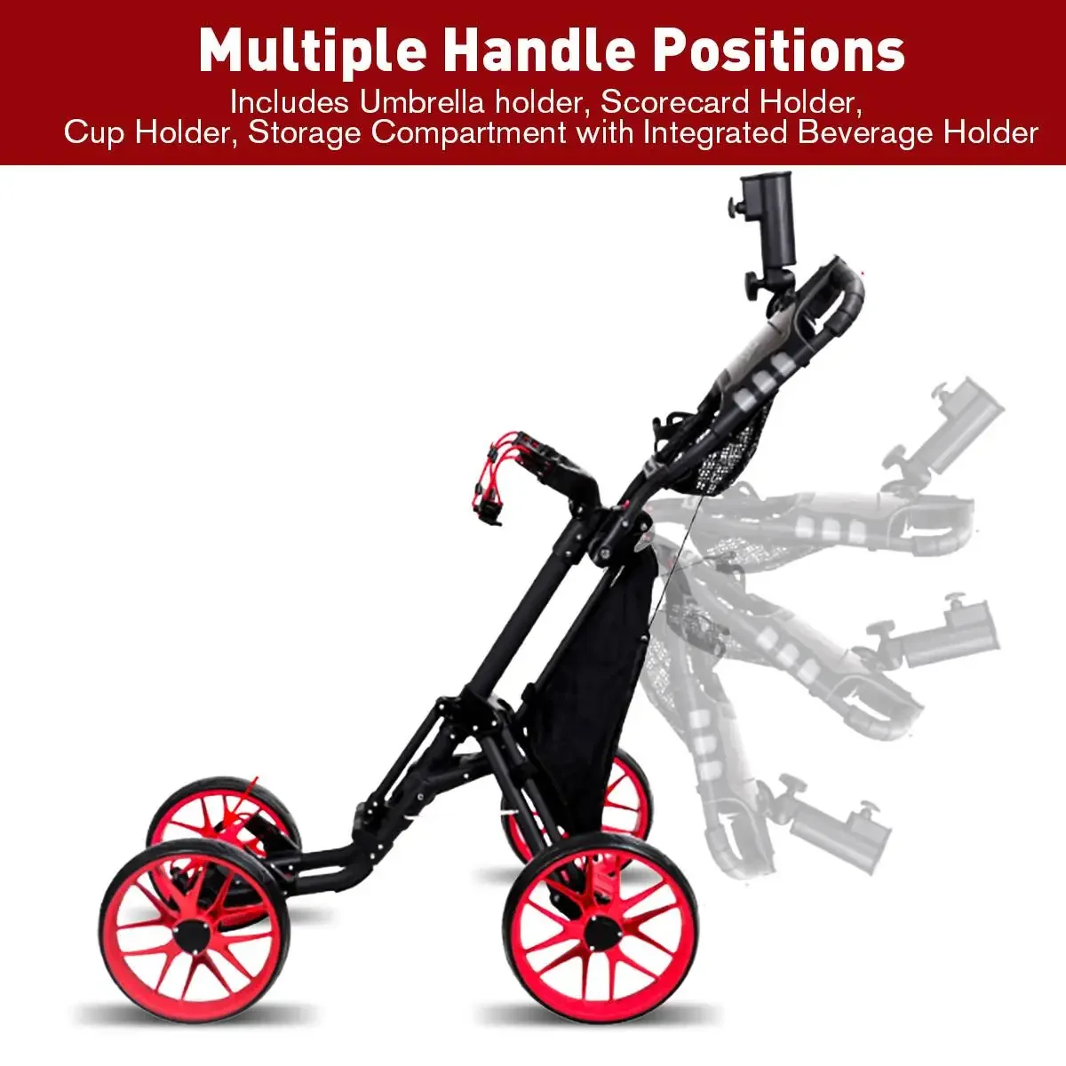 กระเป๋ากอล์ฟ4ล้อรถเข็นอะลูมินัมอัลลอยพับได้รถเข็นกอล์ฟรถเข็นแบบดึงที่วางถ้วยร่มรถเข็นปรับได้พร้อมเบรกเท้า