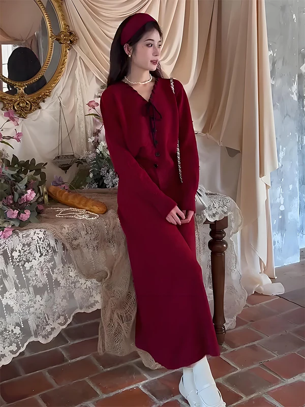 

Красный вязаный комплект из жакета и юбки для помолвки и свадьбы, весенний, в корейском стиле, для повседневной носки