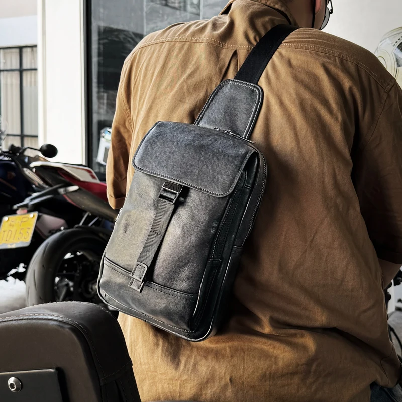 

Genuine Leather Chest Bag For men Casual Full Grain Leather Crossbody Shoulder Bag Messenger Sling Bag Daypack Large Capacity