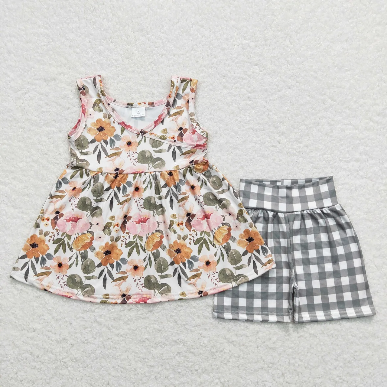 

Wholesale Infant Flower Children Summer Outfit Toddler Sleeveless Tops Tunic Kids Plaid Shorts Baby Girl Floral Boutique Set