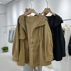 SuperAen Khaki Hooded Trench Coat for Women Spring and Autumn 2023 New High-end Korean Style Jacket and Coat