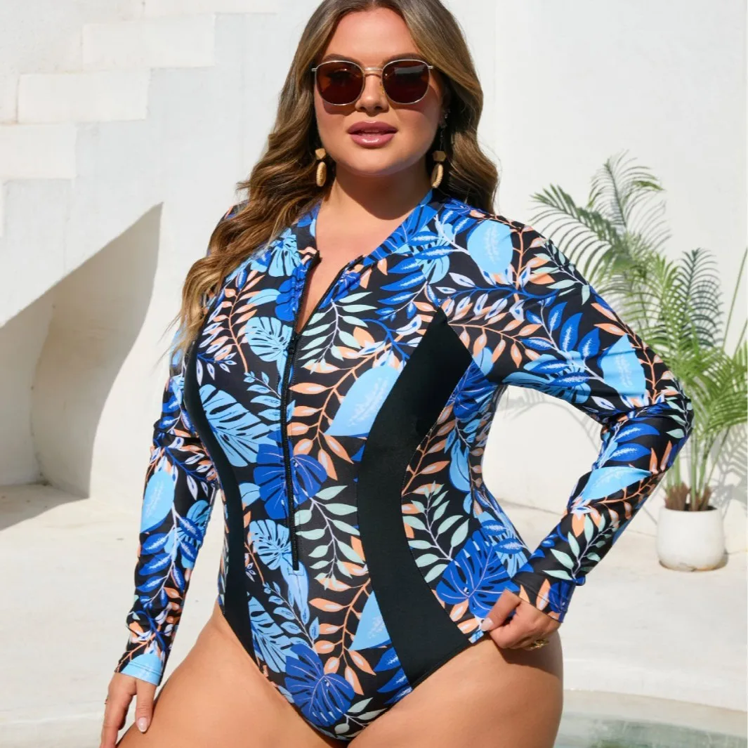 2026 New Plus Size Women Long Sleeve One‑Piece Swimsuit Tropical Palm Leaf Print Front Zip Surfing Rash Guard Bathing Suit