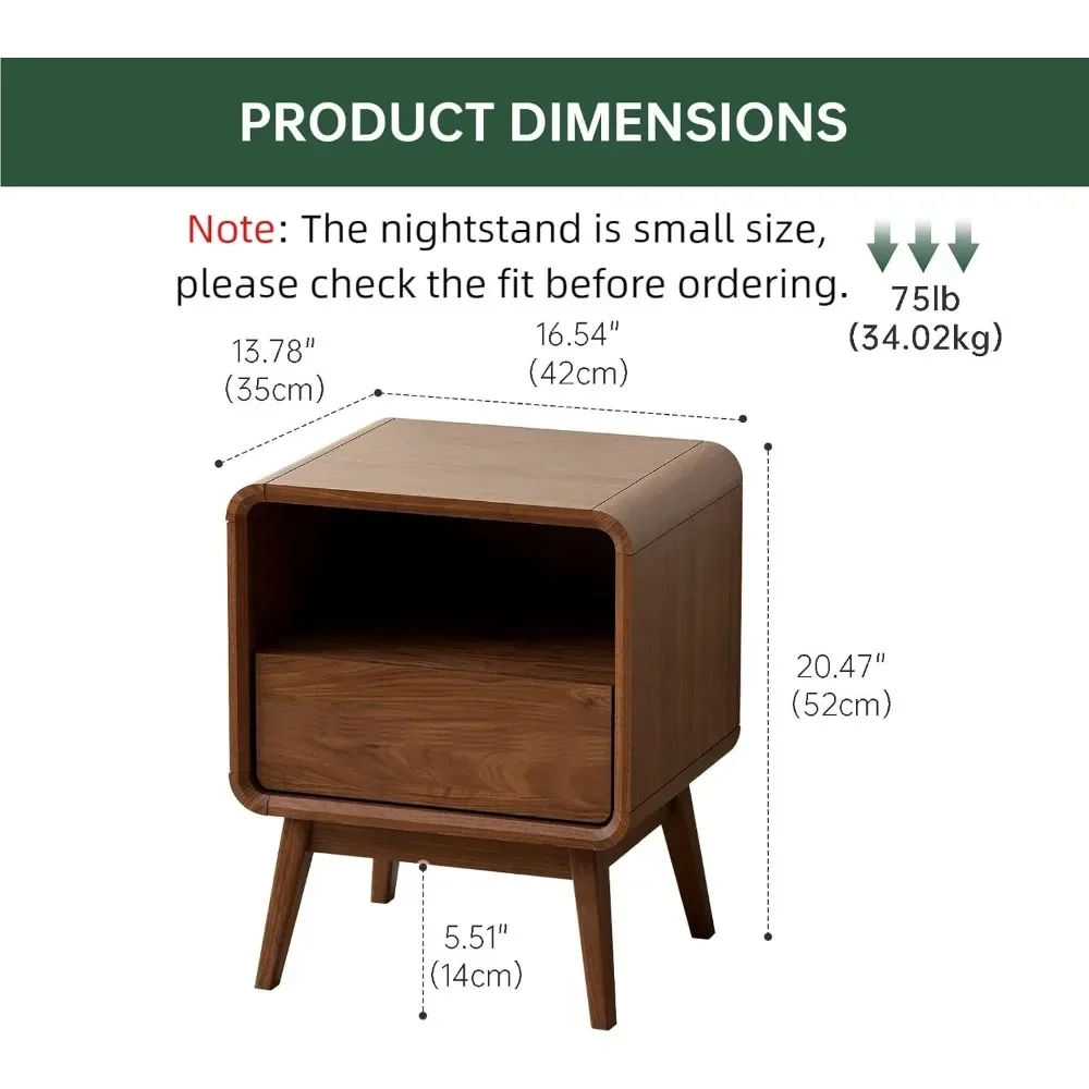 Factory Direct 2026 Walnut Mid-Century Solid Wood Nightstand with Drawer and Shelf for Small Spaces