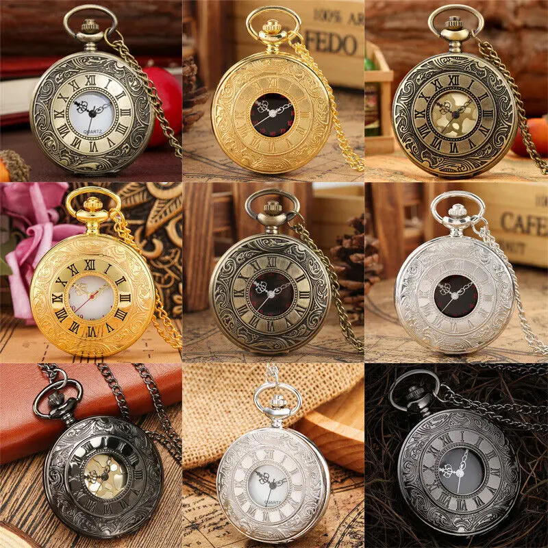 Reloj de bronce de Estilo Vintage para hombre y mujer, reloj de bolsillo de cuarzo Retro tallado con número romano, medio cazador, cadena de collar de suéter