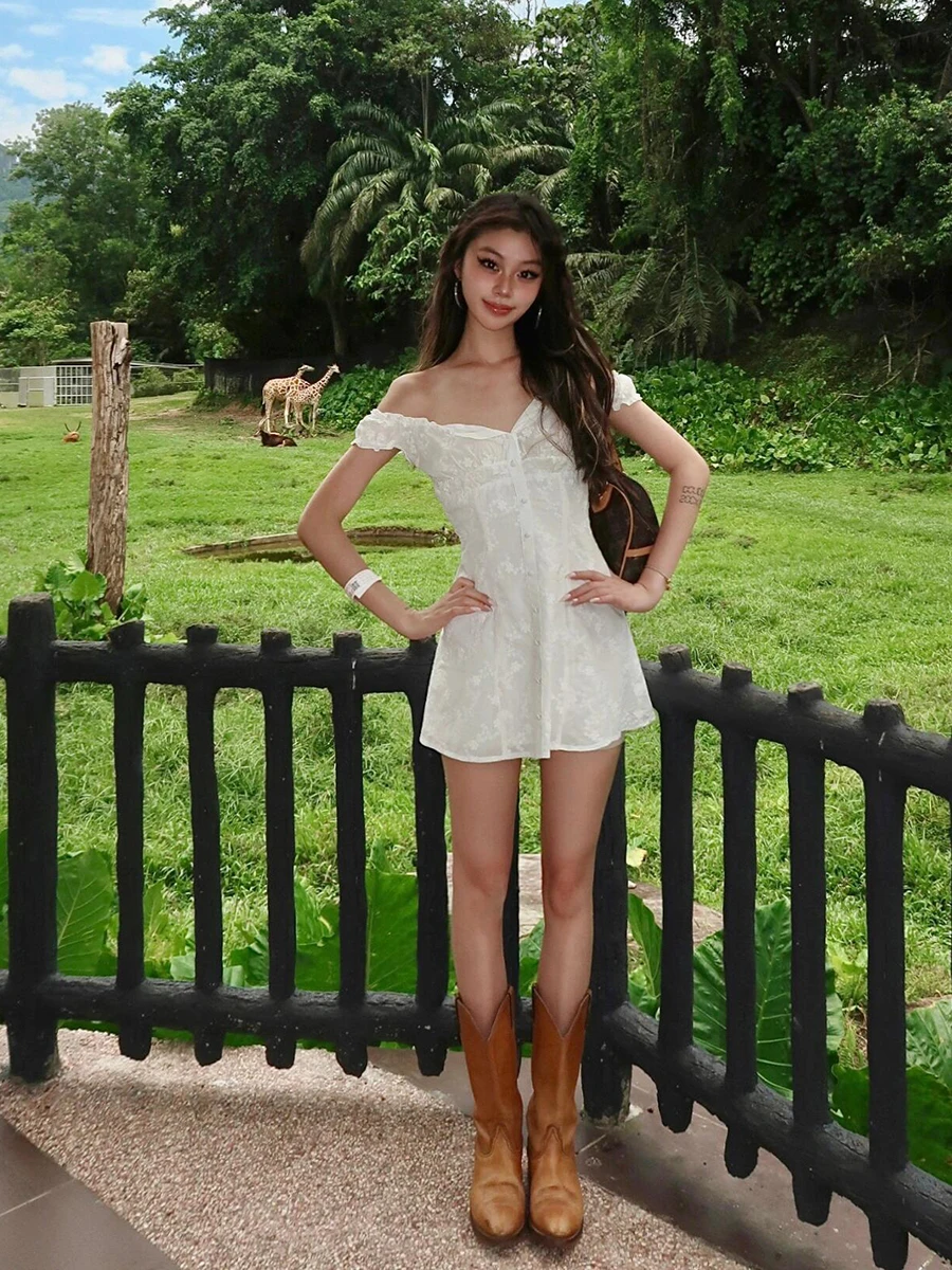 ReddaChic-minivestido Floral bordado de dos vías para mujer, vestido blanco de verano con mangas abullonadas, corte en A, abotonado, de una pieza, para salir