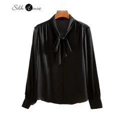 Autumn New 93% Natural Mulberry Silk Elastic Double Qiao Satin Ribbon Bow Design Temperament Women's Black Long Sleeved Shirt