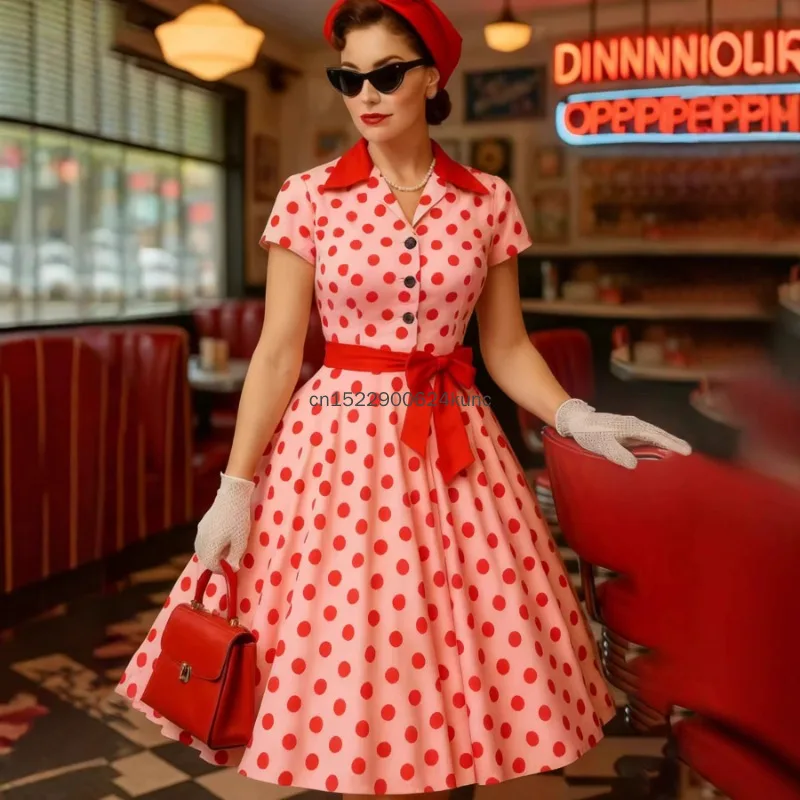 50s Vintage Elegant Hepburn Dress For Women Summer Contrast Polka Dot Laple Short Sleeves A-Line Dress Halloween Party Costumes