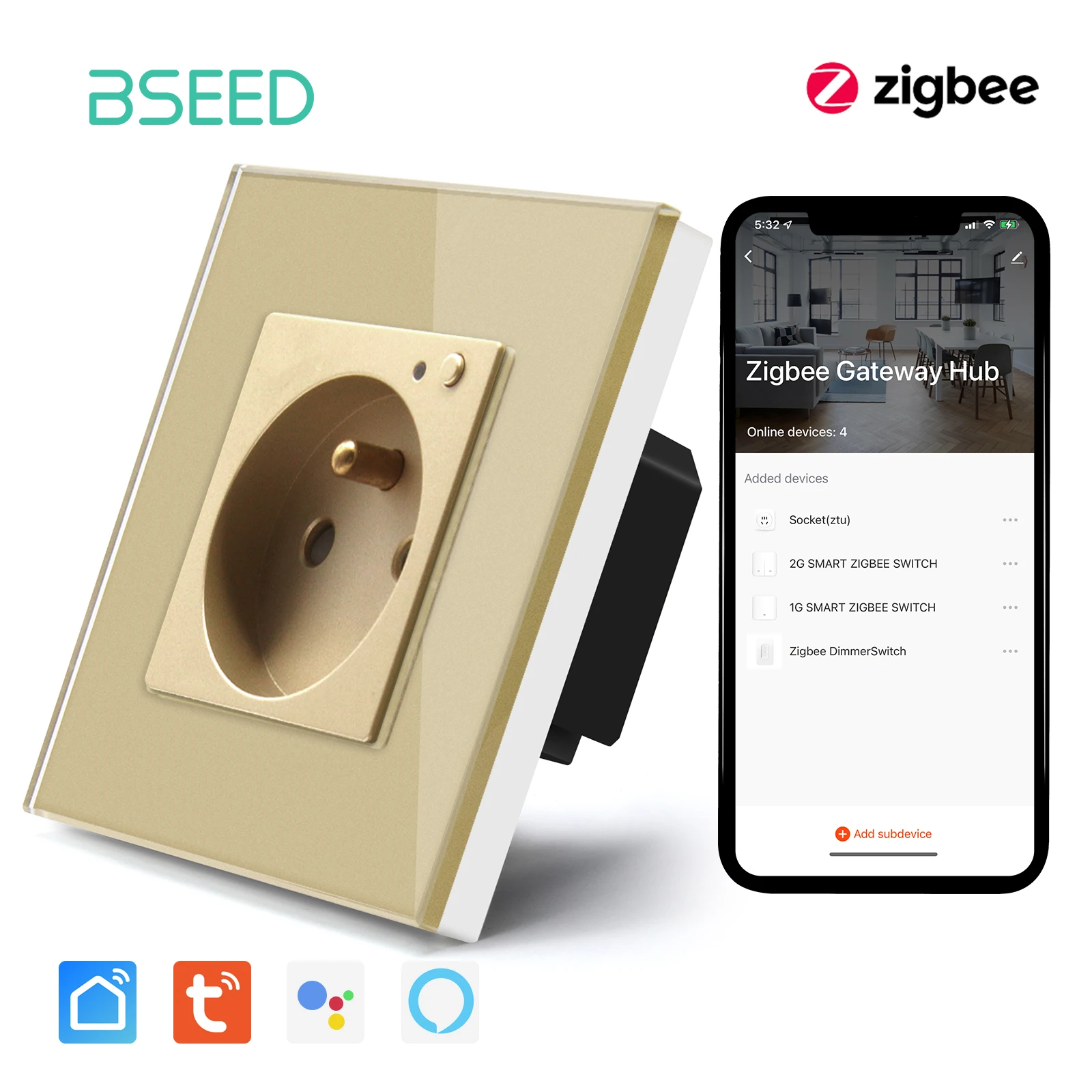 BSEED ZigBee Französisch Buchse Wand Einzigen Buchse Kristall Glas Panel Unterstützung Google Tuya Smart Leben App Power Monitor Smart Buchse