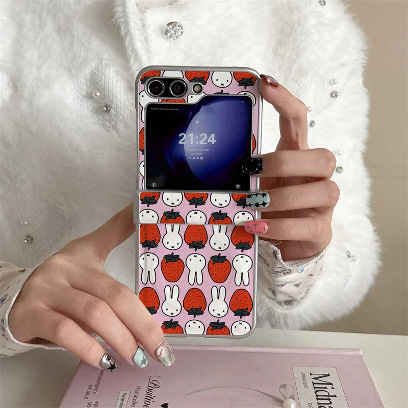 

Kawaii Pink Miffy Rabbit Strawberry Leather Phone Case For Samsung Galaxy Z Flip 7 6 5 4 3 Cute Protective Cover