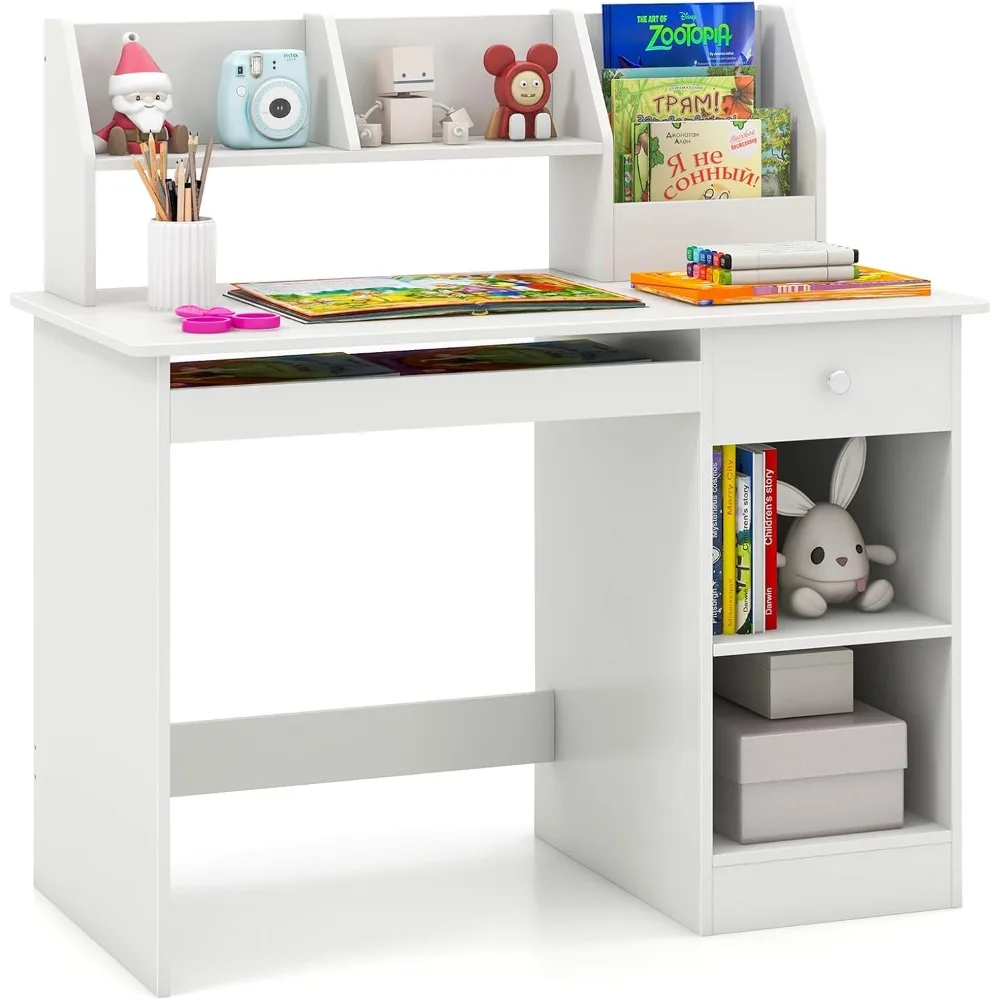 

Kids Study Desk, Children Wooden Writing Table with Hutch, Bookshelf, Drawer, Keyboard Tray, Storage Shelves, White Student Com