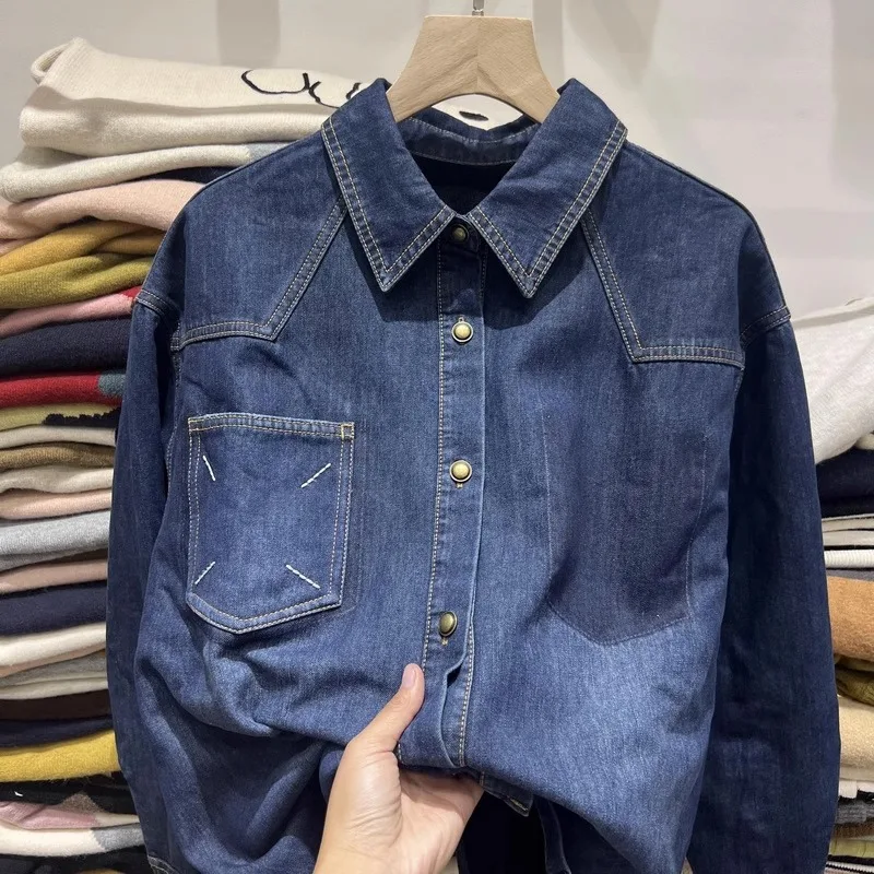 المرأة متوسطة طول المتناقضة قميص دينيم 2025 ربيع جديد السيدات التلبيب واحدة الصدر سترة غير رسمية التنقل قمة الموضة #4