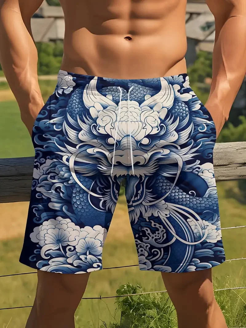 3D Dragon Print Beach Shorts Men's Plus Size Casual Swim Shorts New In Quick Dry Ice Board Short Hommes Streetwear