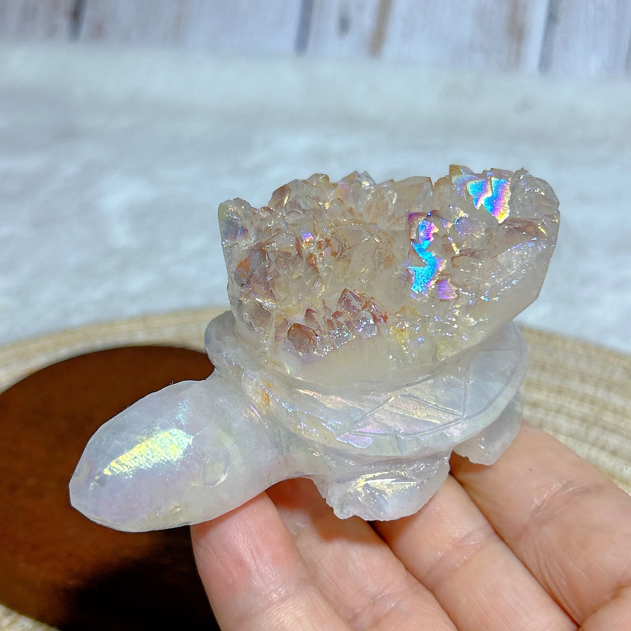 Healing Natural Crystal Aura Rainbow Clear Quartz Cluster Tortoise Carving Gemstones Mineral Energy Home Decorations Gift