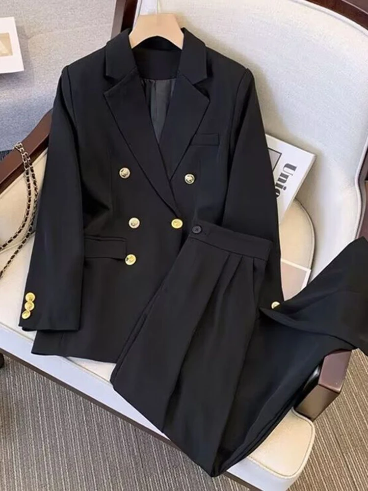 Khaki Office Double Breasted Suits Sets Women Korean New Long Sleeve Blazer Jackets Conjunto Ol High Waist Straight Pants Outfit