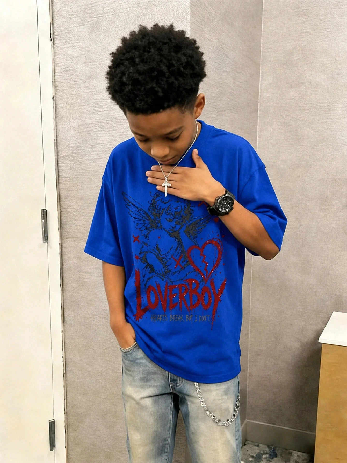 Love Heart Angel Print Casual Sweet Tee Men T Shirt Women Tee Boys Top Children Parent Child Short Sleeves Cotton Kids Tshirt