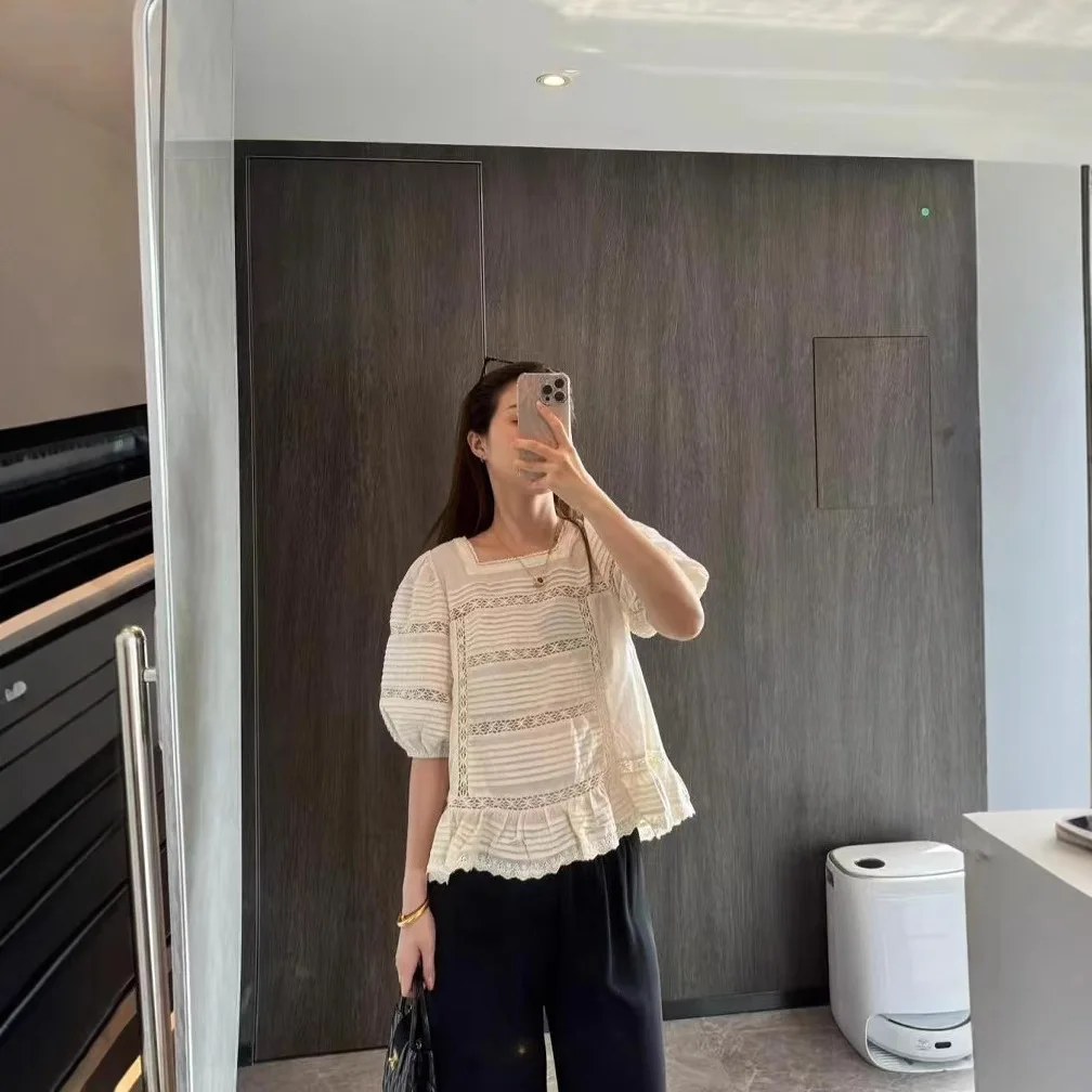 Sezanes 2025 fashion new T-shirt French court style pleated splicing openwork lace bubble sleeve square neck top woman