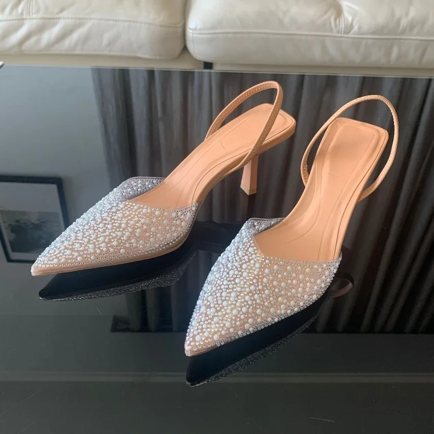 Zapatos de tacón alto con decoración de perlas para mujer, sandalias de punta estrecha, elegantes, verano, 2024