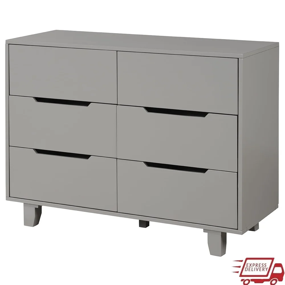 

Modern 6 Drawer Double Dresser Solid Wood Nursery Storage Horizontal Design Smooth Glide Safety Stops Assembly Required