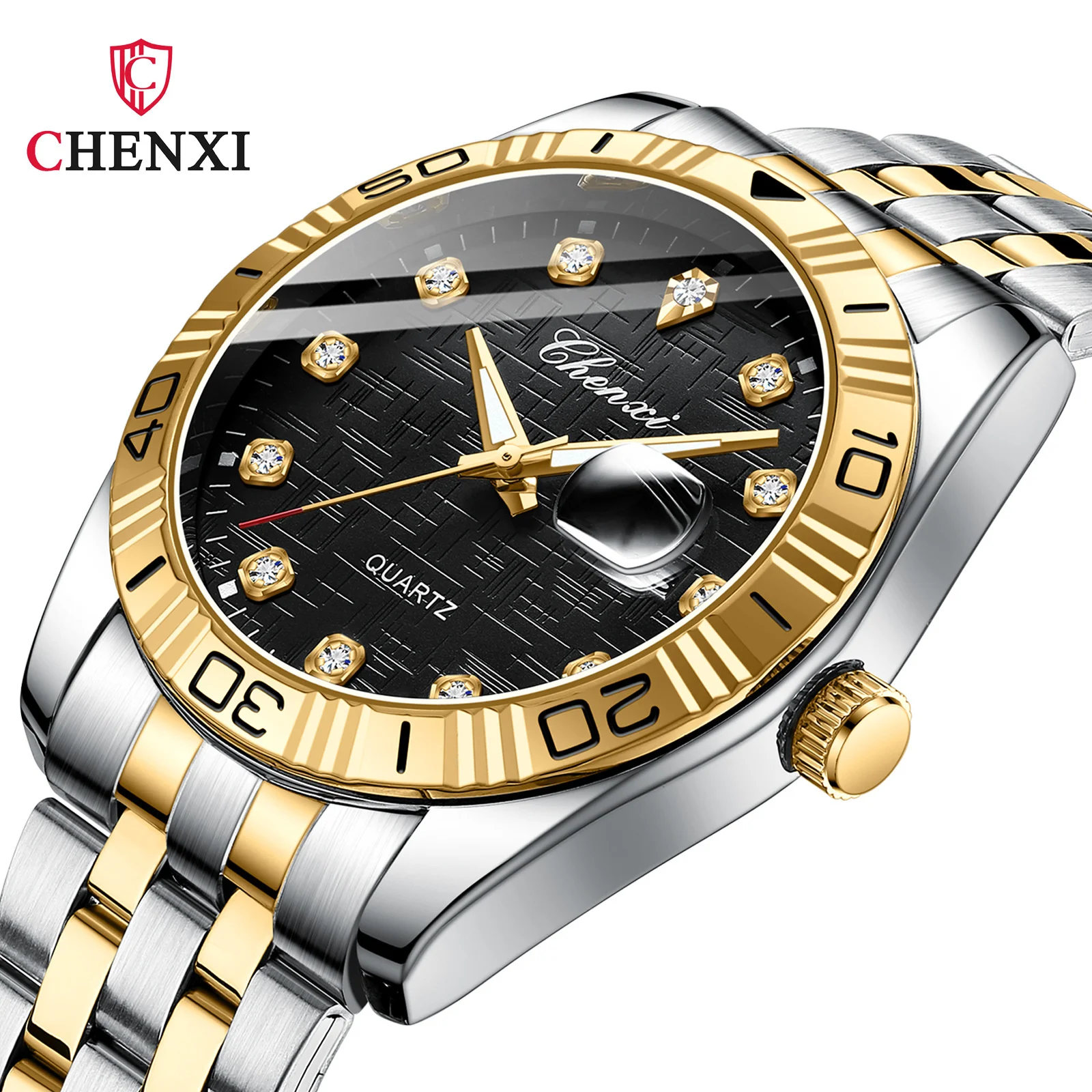 CHENXI 8201B Couple Watch Fashion Business Calendar With Diamond Golden Steel Band Quartz Wrist Watches Gift Relogios Feminino