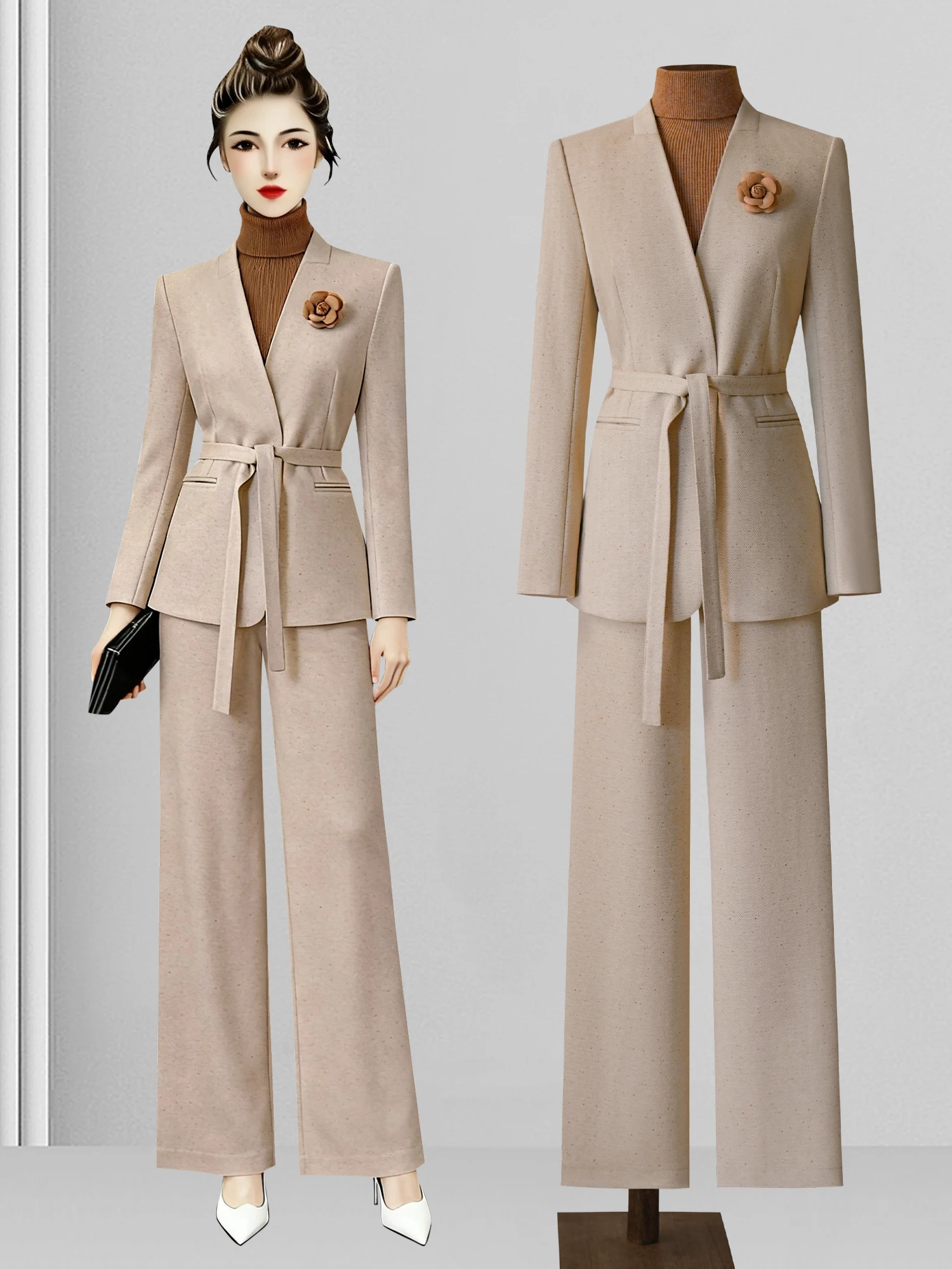 

Ele Light Luxury Sle Women's Suit Set with Waist Cinching V-Ne Beige for Job Interviews And Commuting Profional Hi...