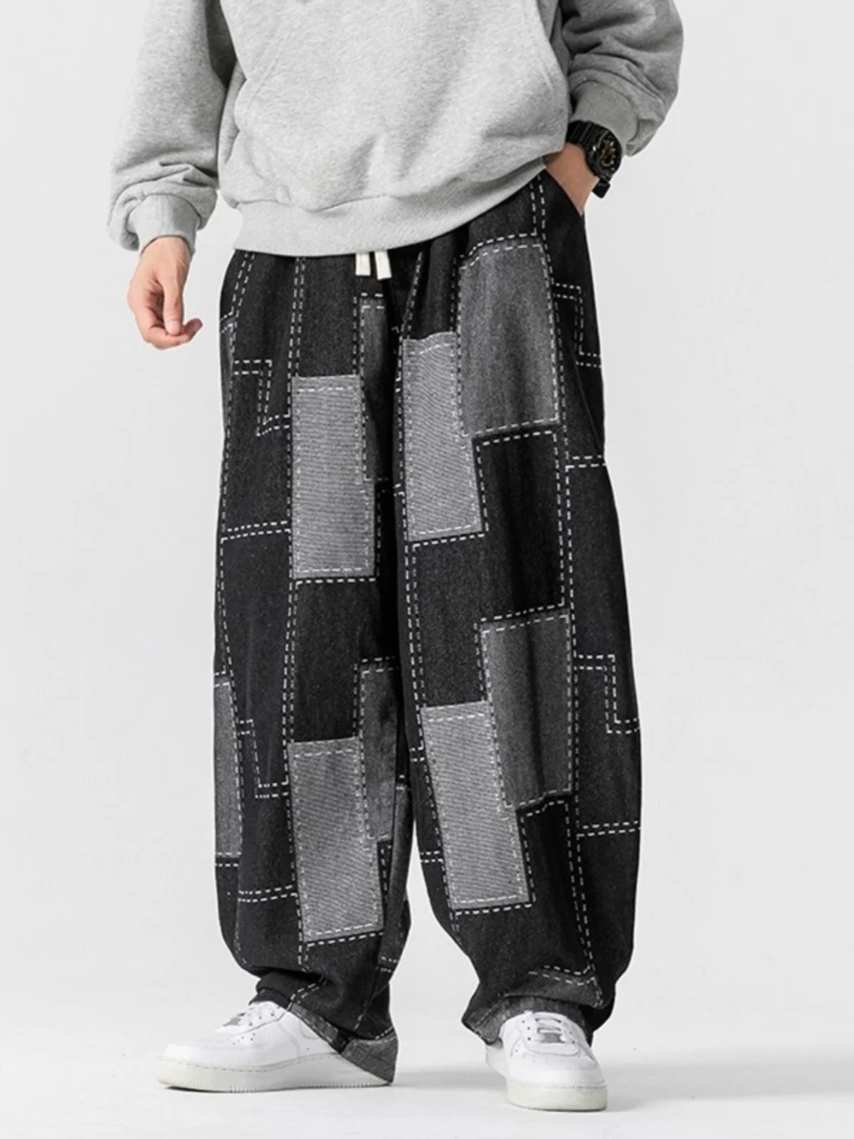 

Джинсы свободного кроя с широкими штанинами в стиле пэчворк, ретро, уличный стиль, повседневные длинные брюки для мужчин и женщин, удобные джинсы свободного кроя.