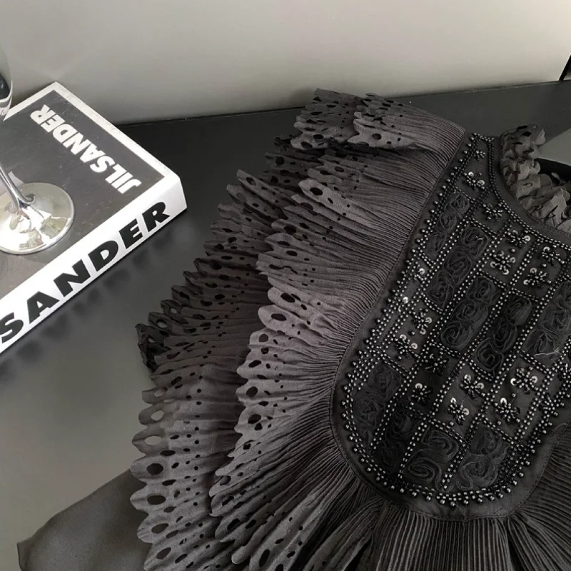 2025, verano, europeo, ropa, satén, blusa, elegante, sexy, soporte, patchwork, brillante, rebordear, 3D, volantes, mujer, sin mangas, jersey, tops, 555