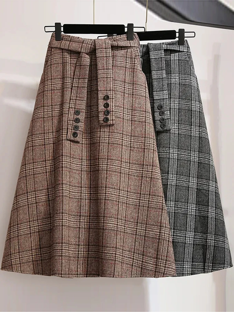 

Woolen Plaid Skirt Women Korean Casual A-Line Skirt Winter Vintage High Waist Skirt Lady Elegant Loose Big Swing Long Skirt