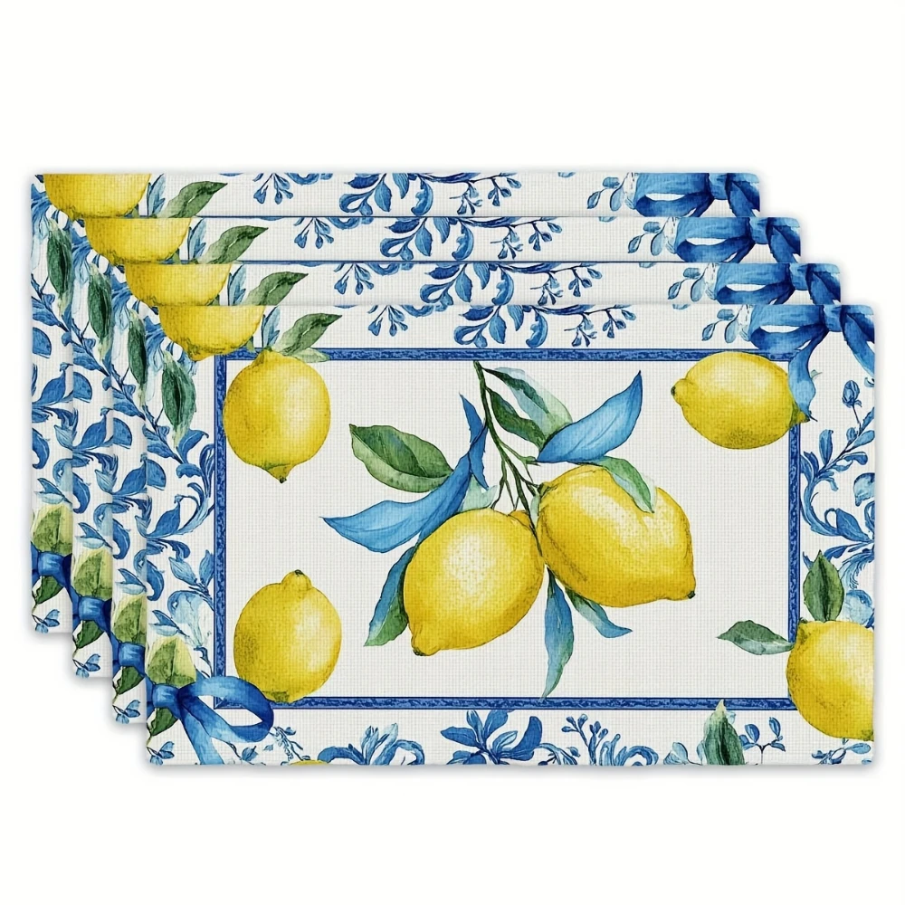 Blue Scroll Border Lemon Printed Placemats Mediterranean Table Decor Coastal Dining Cabinet Display Vintage Dining Table Gift