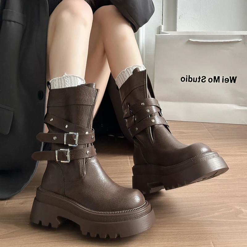 Lined Warm Women Platform Mid Calf Boots Multi Buckle Strap Faux Leather Shoes Casual Autumn Thick Sole Motorcycle Boots