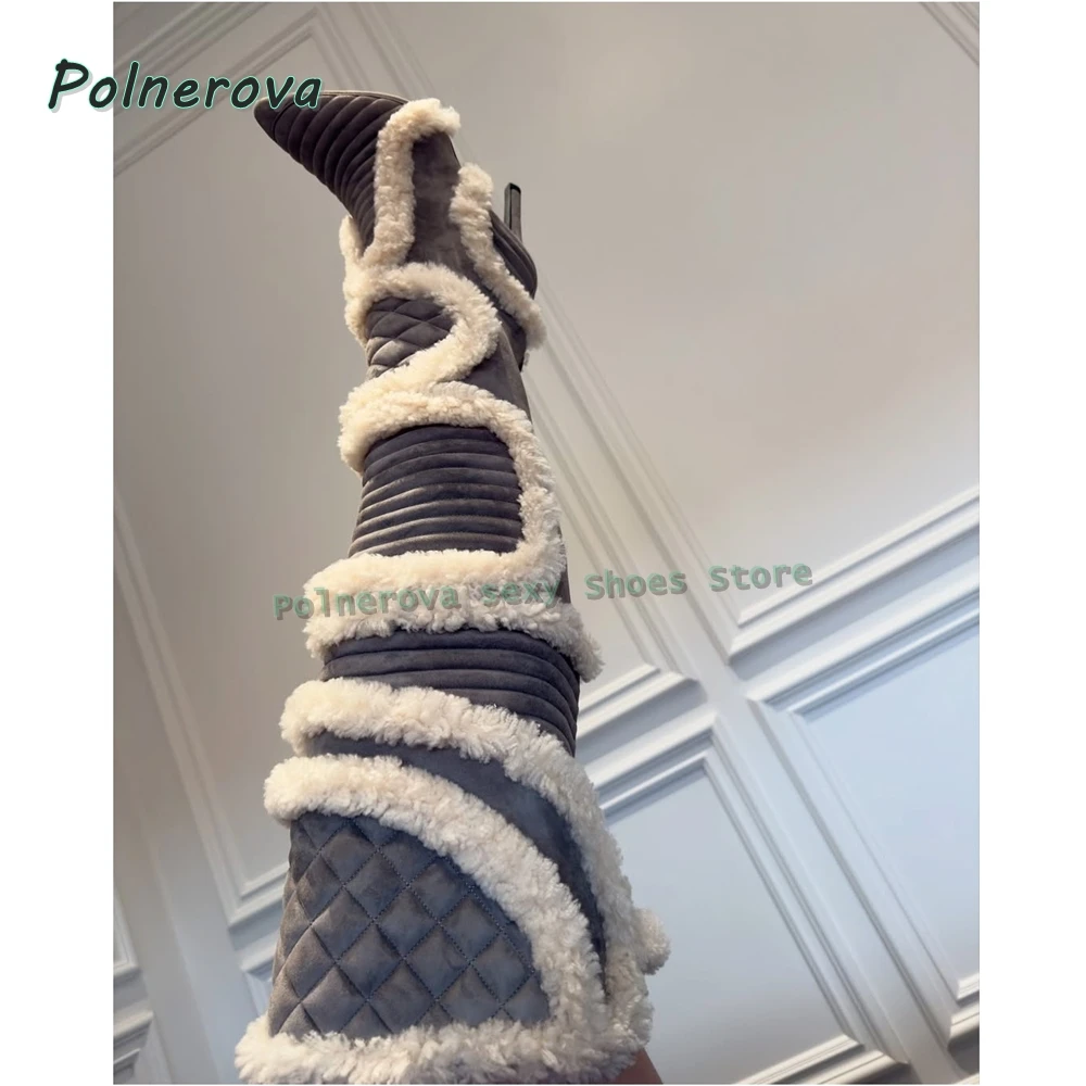 البني فو الفراء مثير حذاء برقبة للركبة 2025 الخريف الشتاء الوافدين الجدد أشار تو خنجر المرقعة حار فتاة أحذية أنيقة