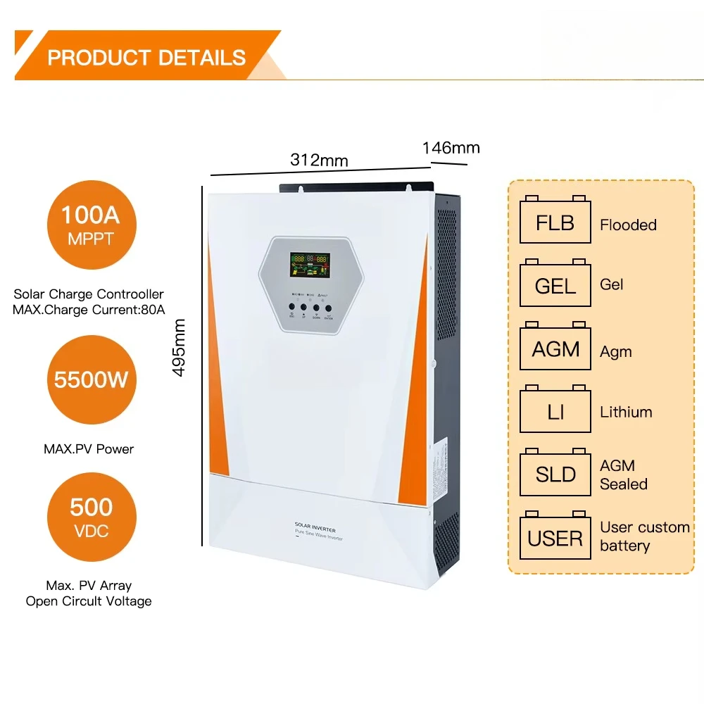 موازي يصل إلى 9 وحدات 5 كيلو وات عاكس للطاقة الشمسية ووحدة التحكم بالشحن بالطاقة الشمسية لبطارية الليثيوم وعاكس هجين بالطاقة الشمسية خارج الشبكة #3
