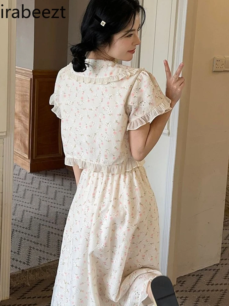 Casual Conjuntos Feminino Elegante 2024 Summer Japanese Bow Floral Short-sleeved Shirt Top and Skirt Two-piece Suit