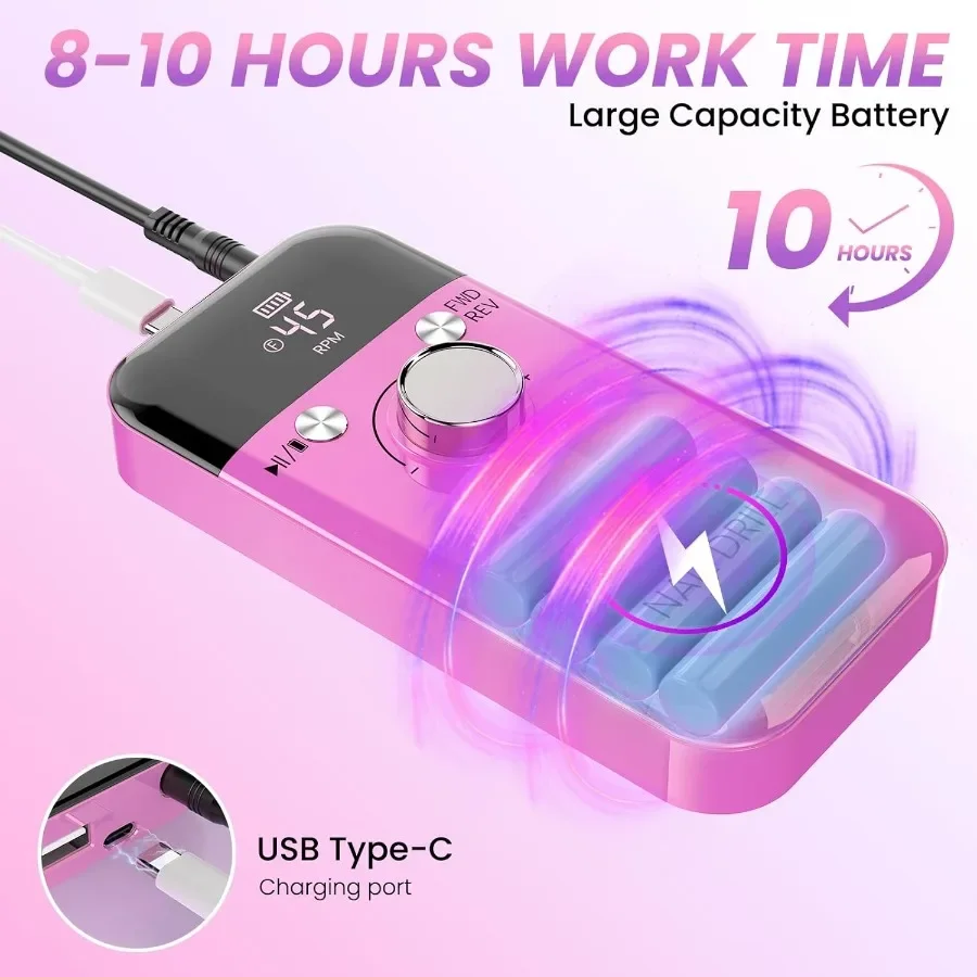 Draagbare draadloze elektrische nagelboor voor acrylnagels: oplaadbare professionele manicure-pedicure-gereedschapsset met meerdere bits