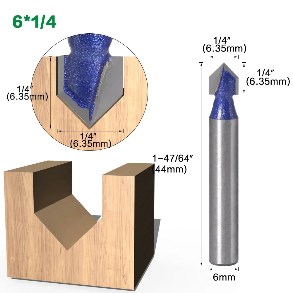 Fresa de vástago de 6MM, broca con ranura en V de 90 grados, 1/4 ", 5/16", 3/8", 1/2 ", fresa de carburo sólida para carpintería, 1 ud.