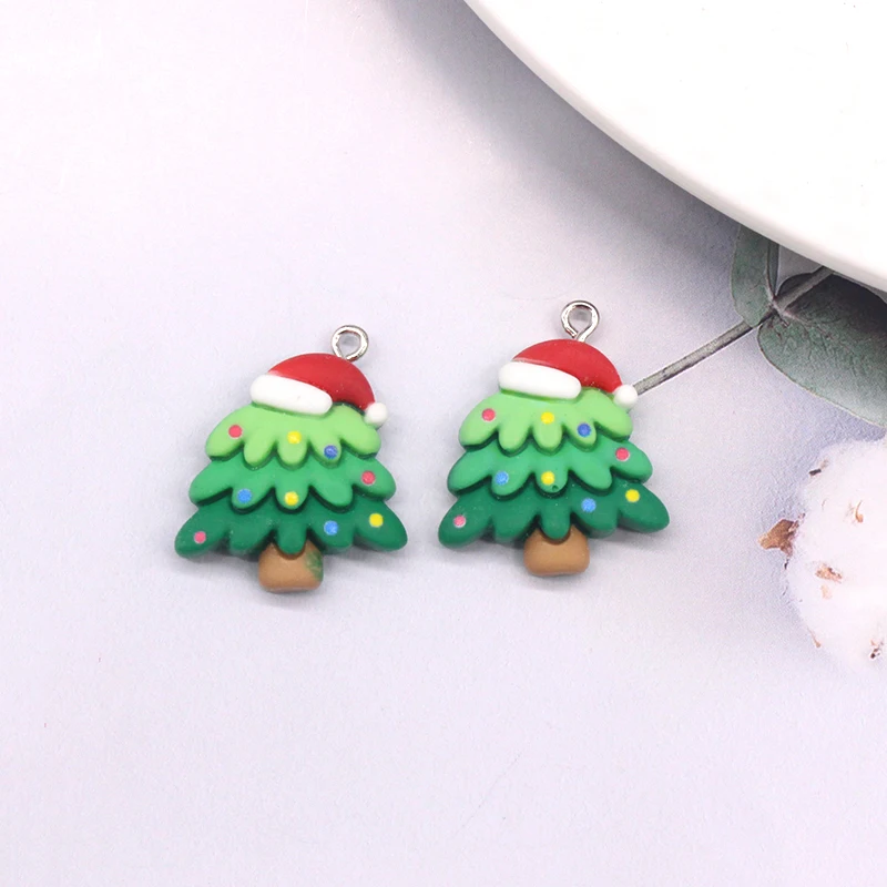 10pcs/pack Popular Cartoon Christmas Tree Resin Charms Flatback Lovely Santa Hat Pendant For Earring Keychain DIY Jewlery Make