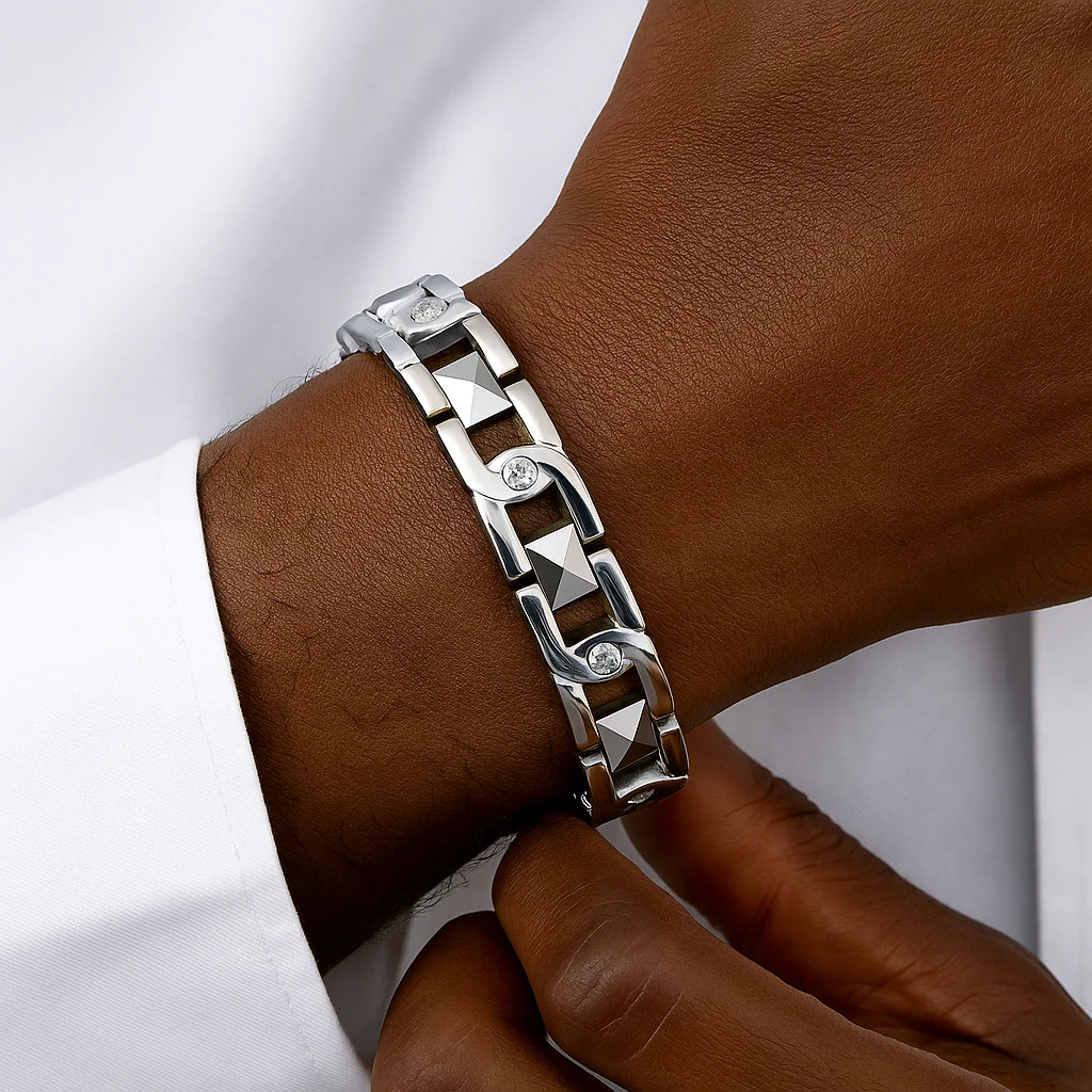 

High Quality Magnetic Stainless Steel Trendy Minimalism Waterproof Chain Link Bracelet Inlay Cubic Zirconia Men Anniversary Gift