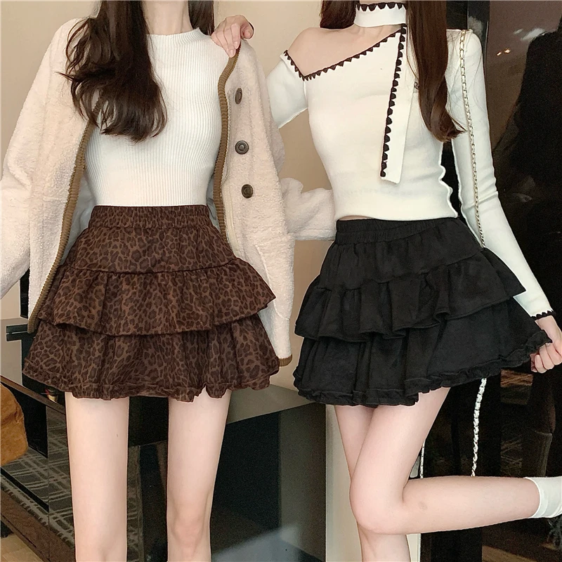 Women High Waist Tiered Cake Skort Y2K Leopard Print Ruffle Mini Skirt Autumn A Line Anti-chafing Short Skirt With Liner