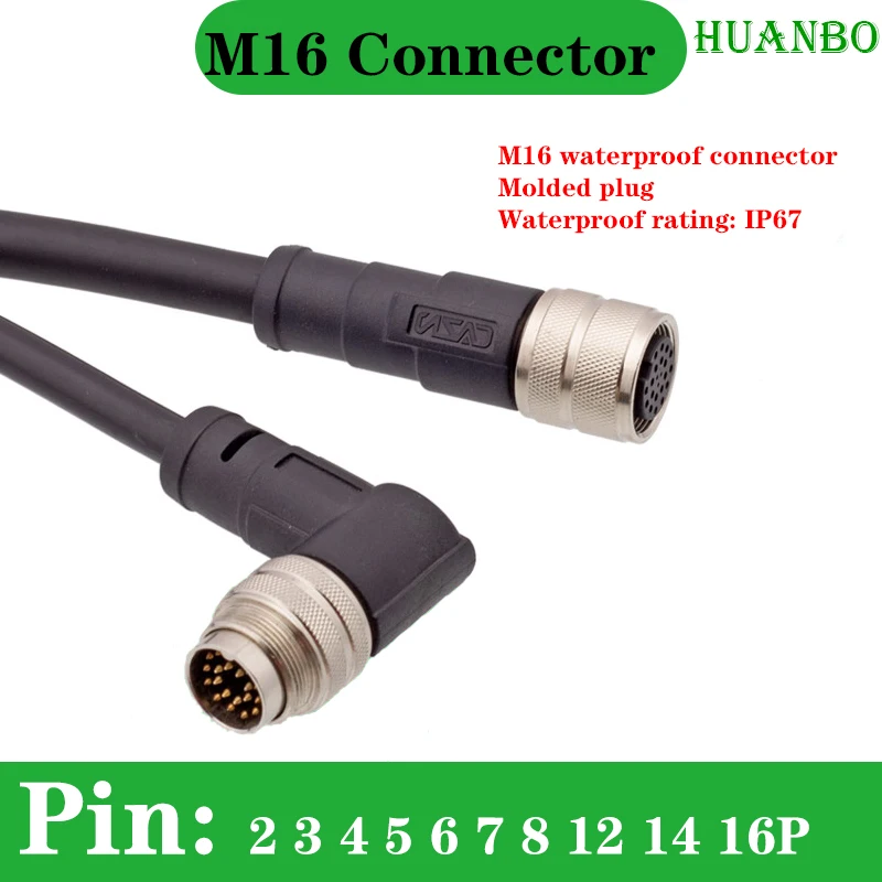 

M16 Injection Molded Straight Elbow Male Female Plug 2 3 4 5 6 7 8 12 14 16-core Waterproof IP67 Connector Cable Length 1m 2m 5m