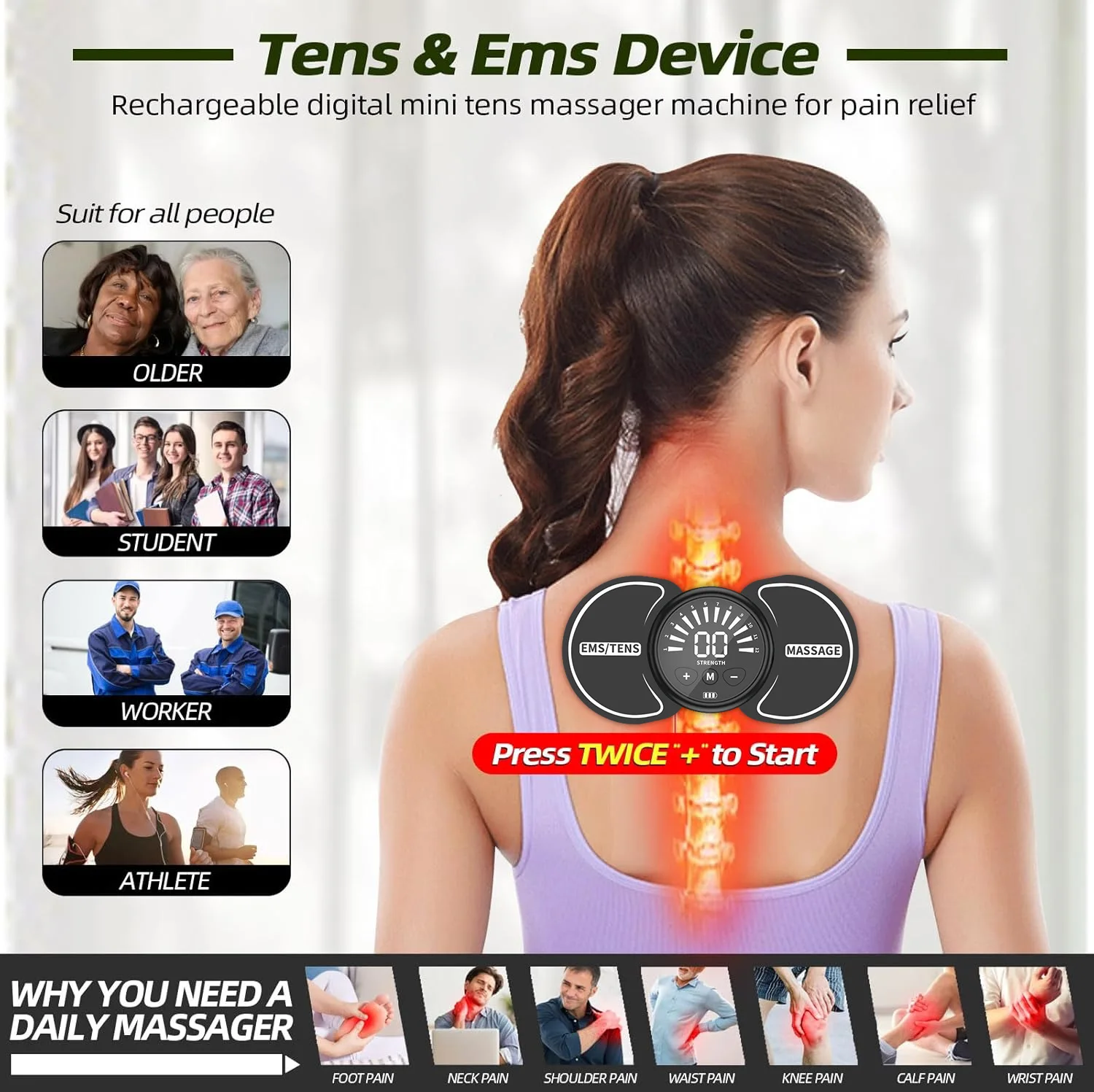 Mini Rechargeable Neck Massager EMS TENS Device - Portable Dual Mode Muscle Stimulator for Neck Shoulder Back Leg Therapy Relief