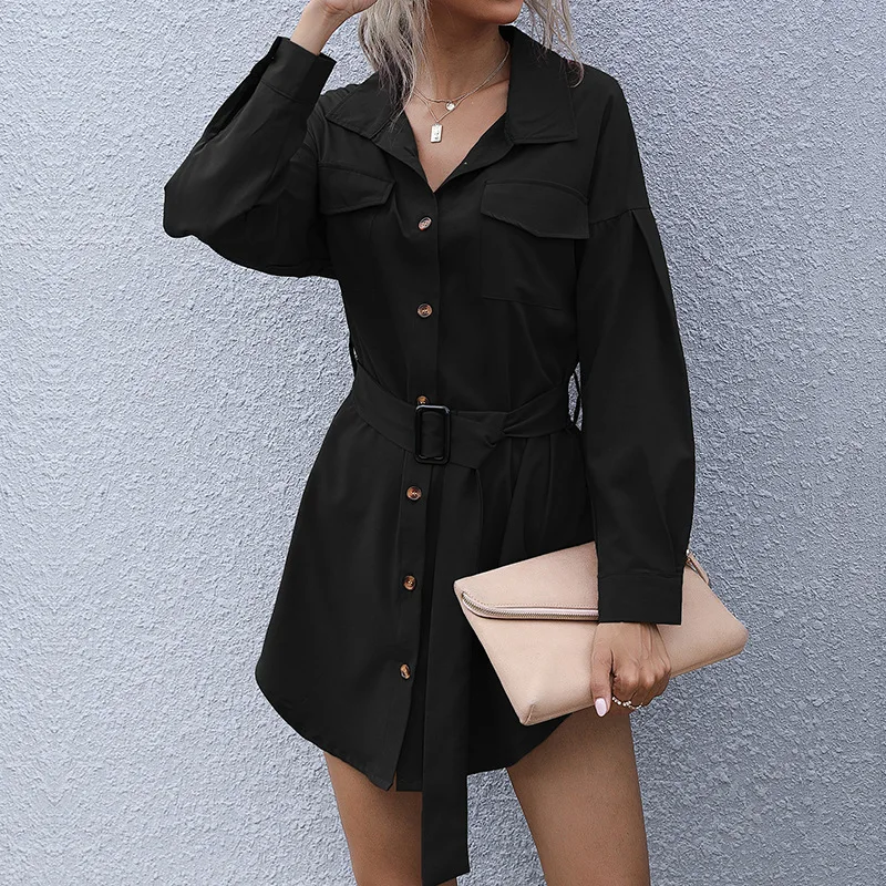 Robes pour femmes 2025 printemps été nouvelle couleur unie rétro coupe ajustée à manches longues col rabattu décontracté noir Mini chemise robe