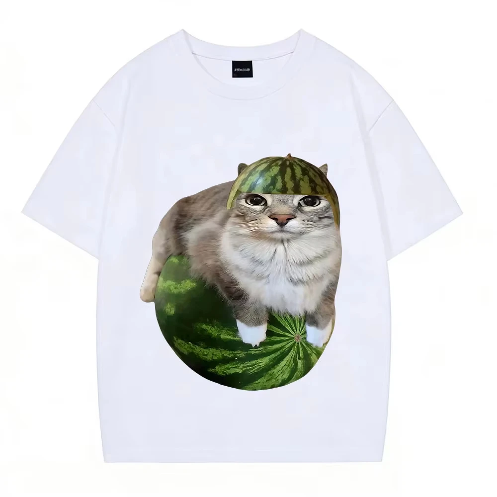 Watermelon Cat Silly Cat Funny Meme T Shirts Men's Women Clothing Casual pure Cotton T-shirt Fashion T-shirts Streetwear