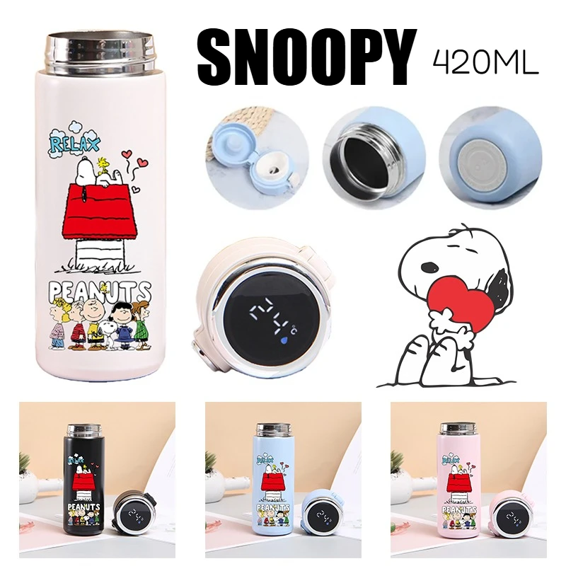 Taza Termo inteligente Snoopy con pantalla de temperatura de 420ML, botella termo de acero inoxidable con bonitos dibujos, taza con aislamiento al vacío para exteriores, regalo