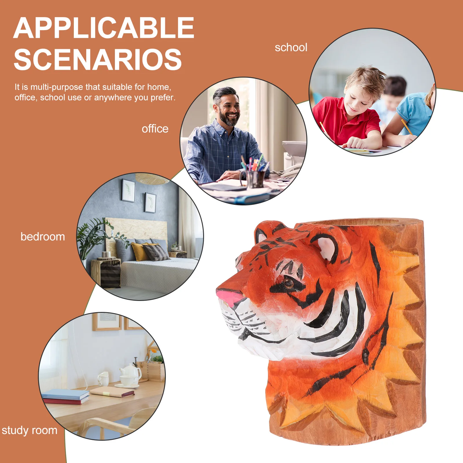 

Tiger Carving Wooden Pen Holder Desktop Storage Bucket For Pencil Organizer Makeup Brush Stationery Container Office Decor