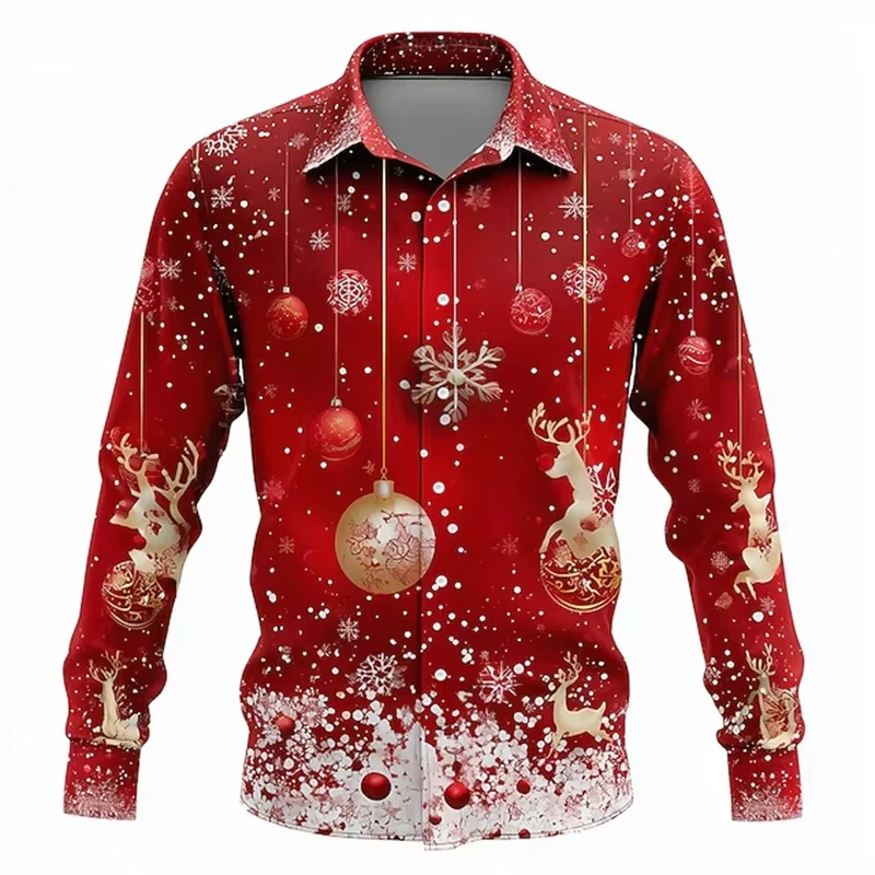 2026 moda masculina floco de neve gravata impressão lapela camisa manga longa botão até outono inverno festival natal edição premium