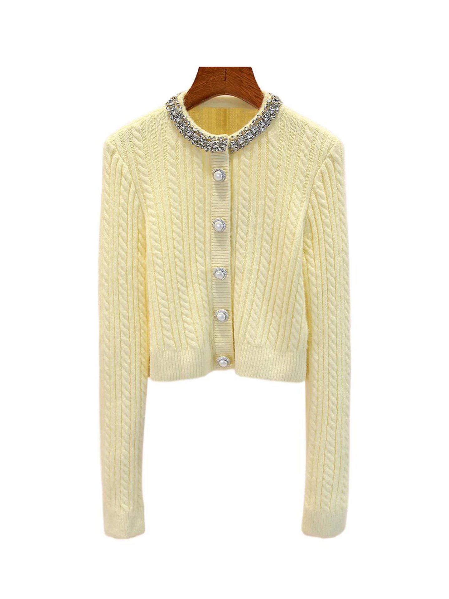 Cardigan aberto de malha diamante embelezado feminino de luxo topo ele commute sle ort comprimento cor pura uso diário