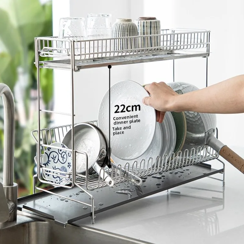 

304 Stainless Steel Dish Drainer Kitchen Sink Drying Utensil Holder Double Layer Plate Organizer Space Saving Dishware Storage
