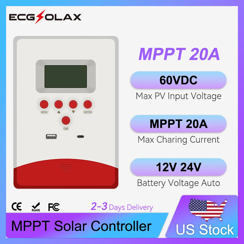 

ECGSOLAX 20A MPPT Solar Charge Controller 12V 24V Solar Panel Regulator With LCD Display Solar Controller Max PV 100VDC
