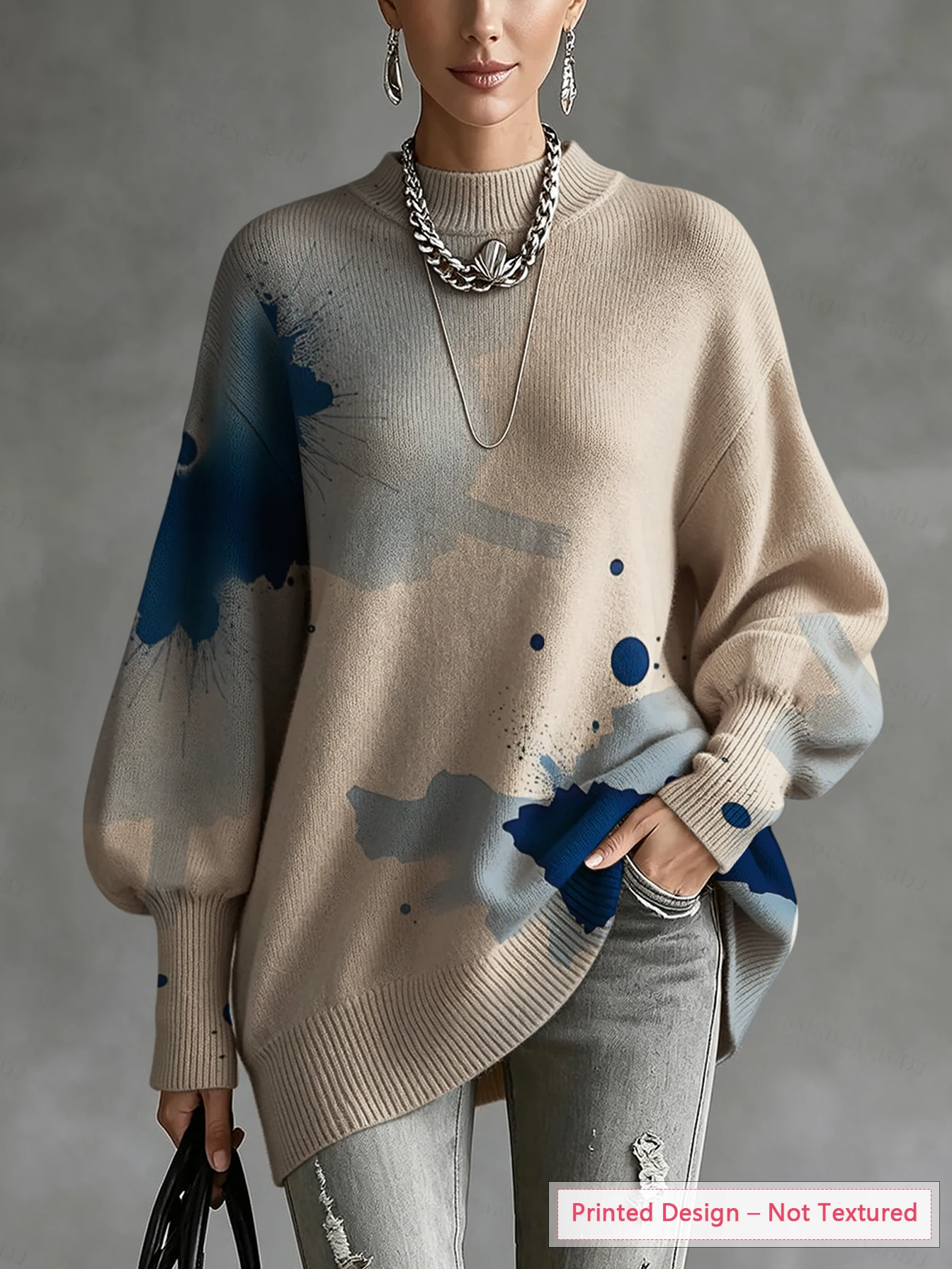 Women's Autumn and Winter Tops, Blue Tie-Dye Ink Pattern Print, Irregular Hem, Lantern Sleeves, Thin Pullover Sweater